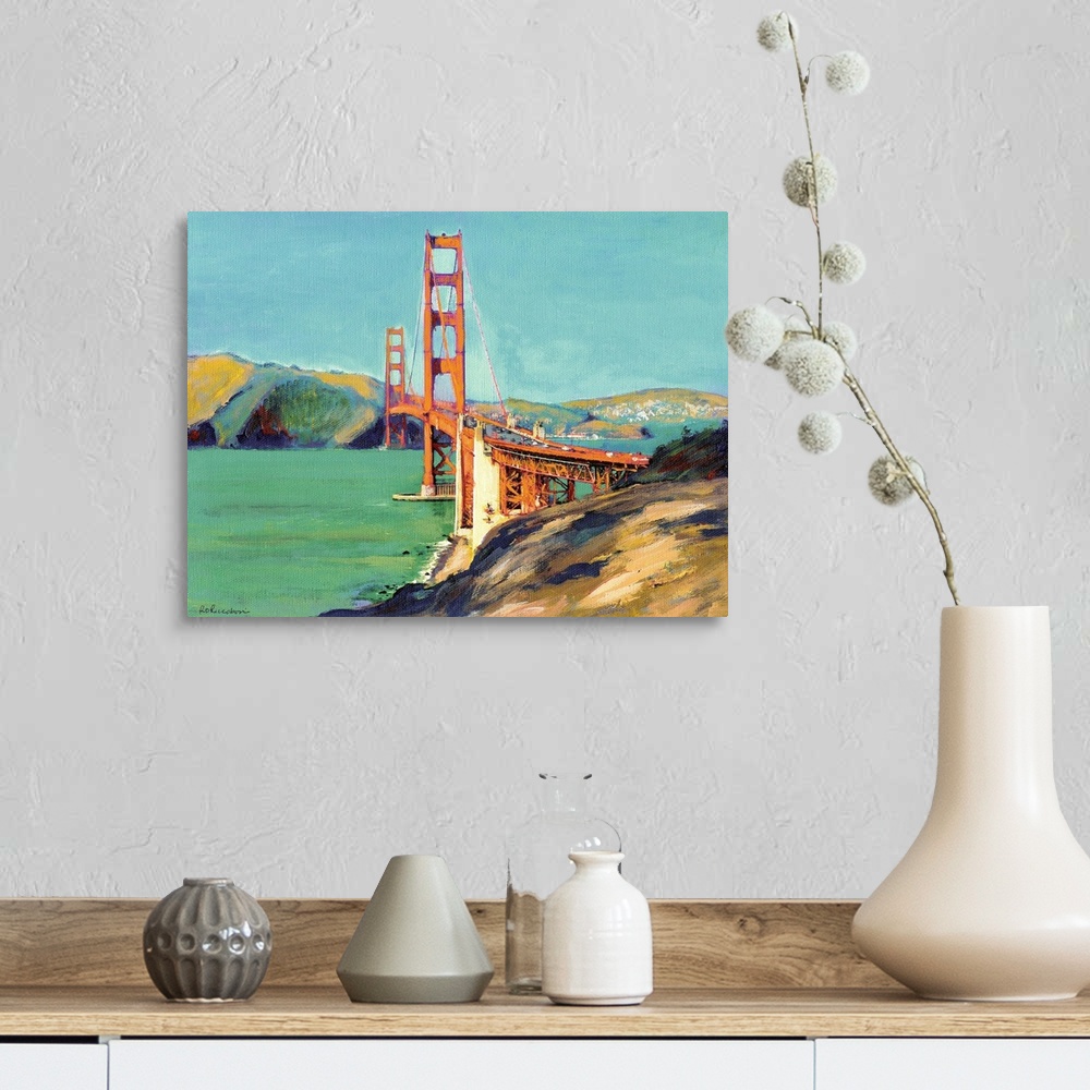 A farmhouse room featuring Landscape painting of the view west of the Golden Gate Bridge in San Francisco, CA.