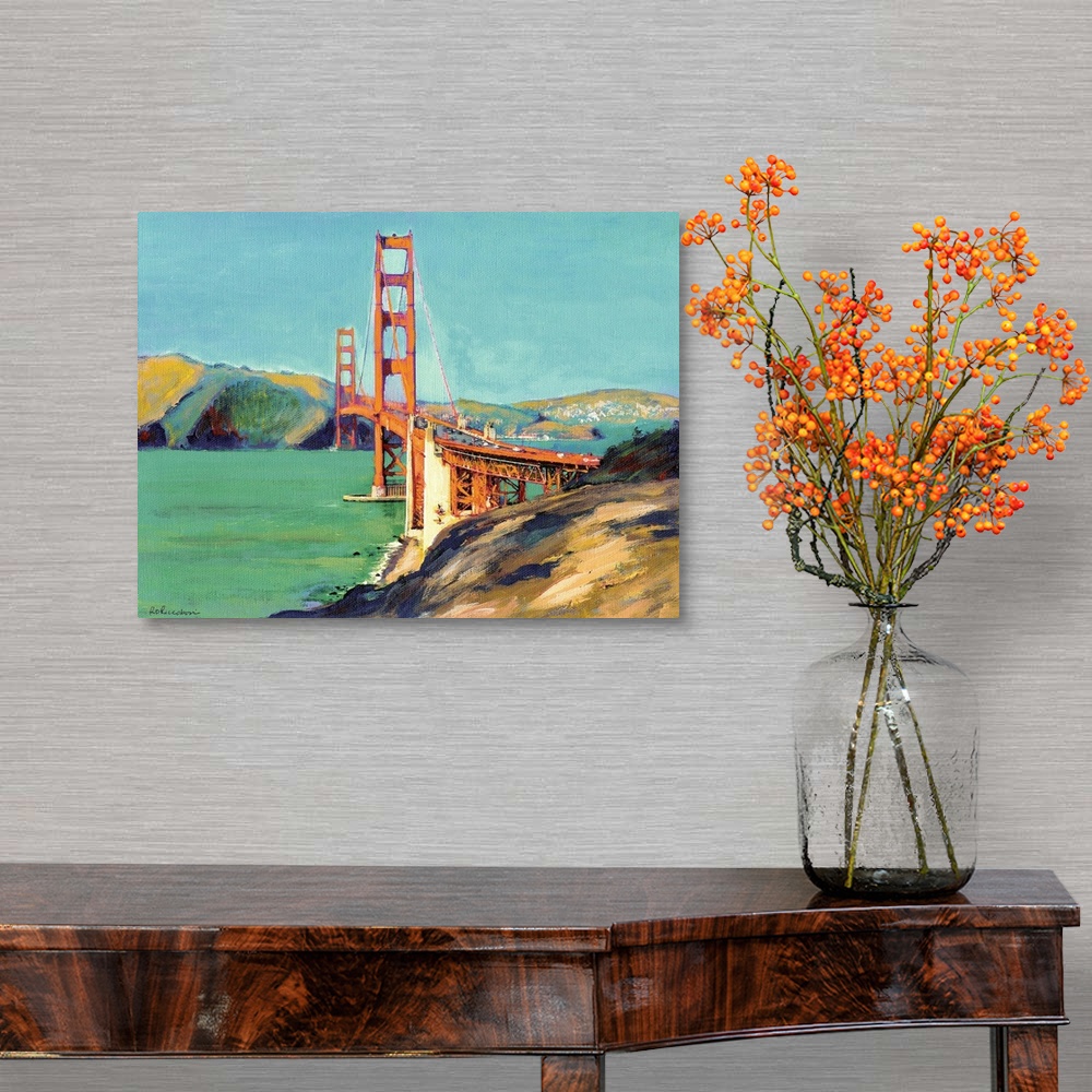 A traditional room featuring Landscape painting of the view west of the Golden Gate Bridge in San Francisco, CA.