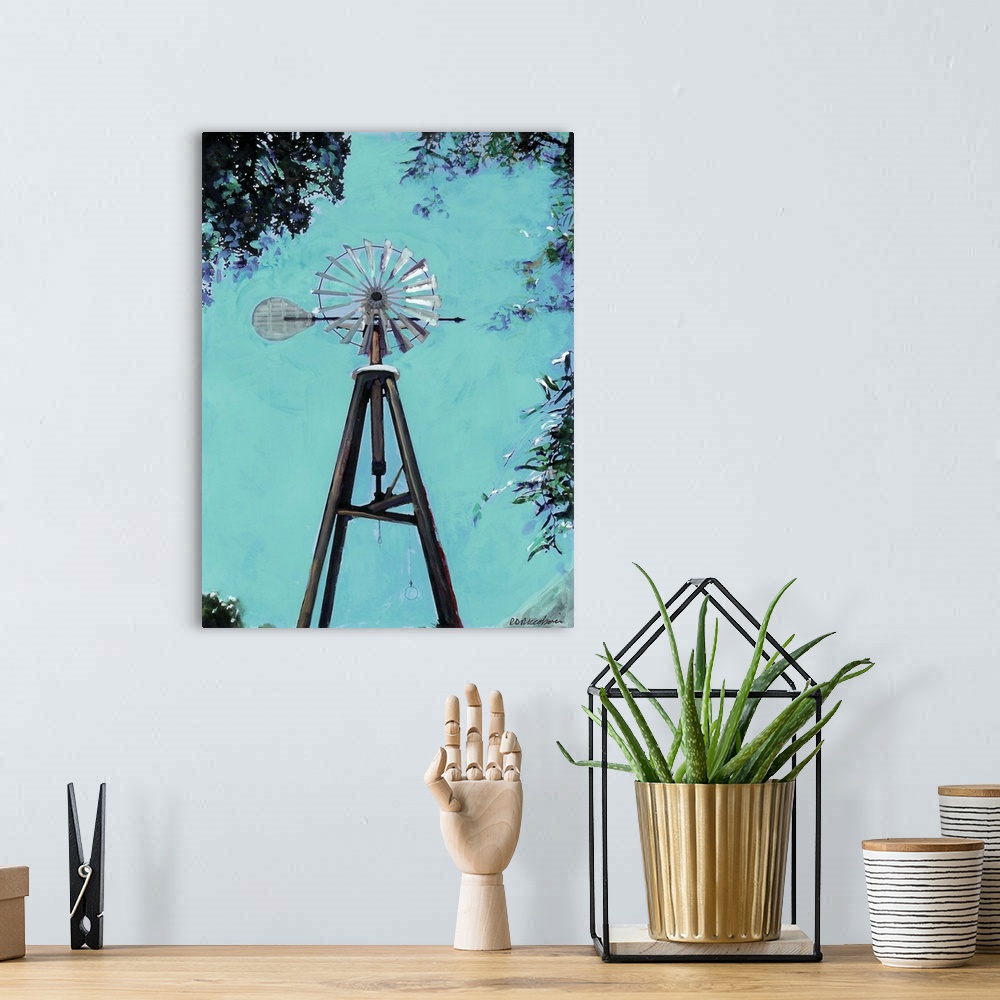 A bohemian room featuring Contemporary painting of a windmill in Old Town San Diego.