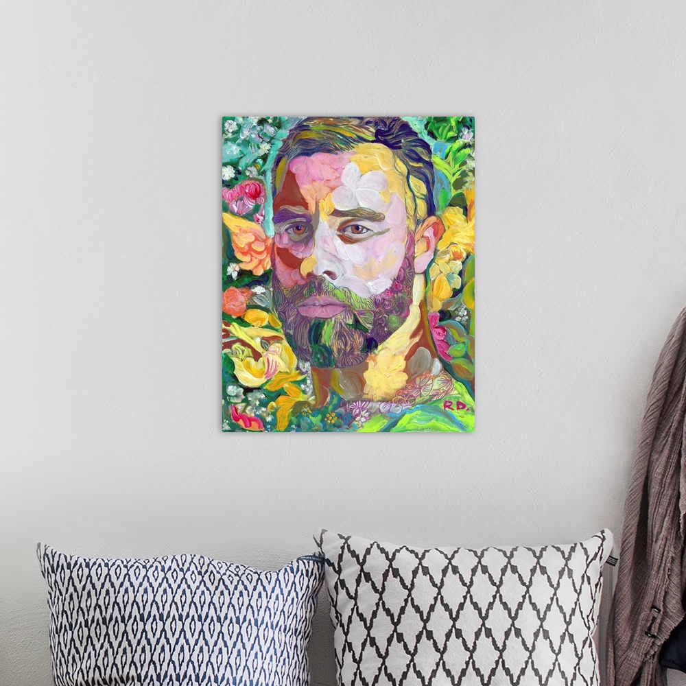 A bohemian room featuring Painting of a handsome bearded man surrounded by florals, splashes and pops of color.