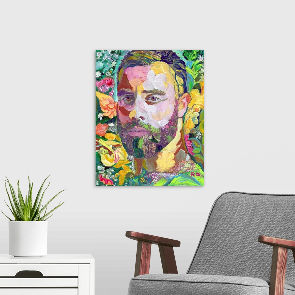 A modern room featuring Painting of a handsome bearded man surrounded by florals, splashes and pops of color.