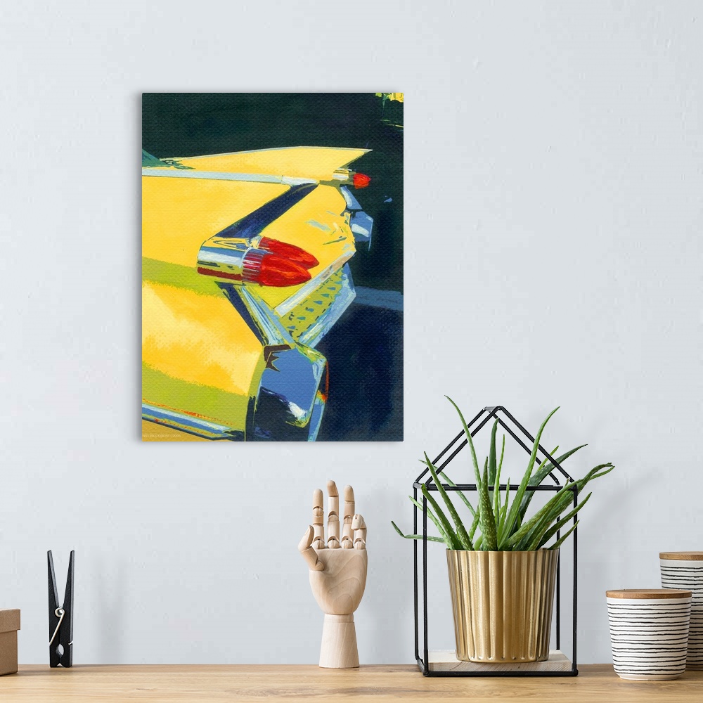 A bohemian room featuring Yellow Fin, an urban sleek and sharp contemporary painting of Eldorado tail fin by American artis...
