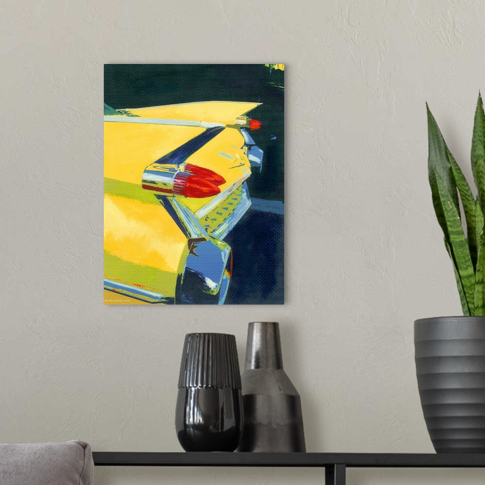 A modern room featuring Yellow Fin, an urban sleek and sharp contemporary painting of Eldorado tail fin by American artis...