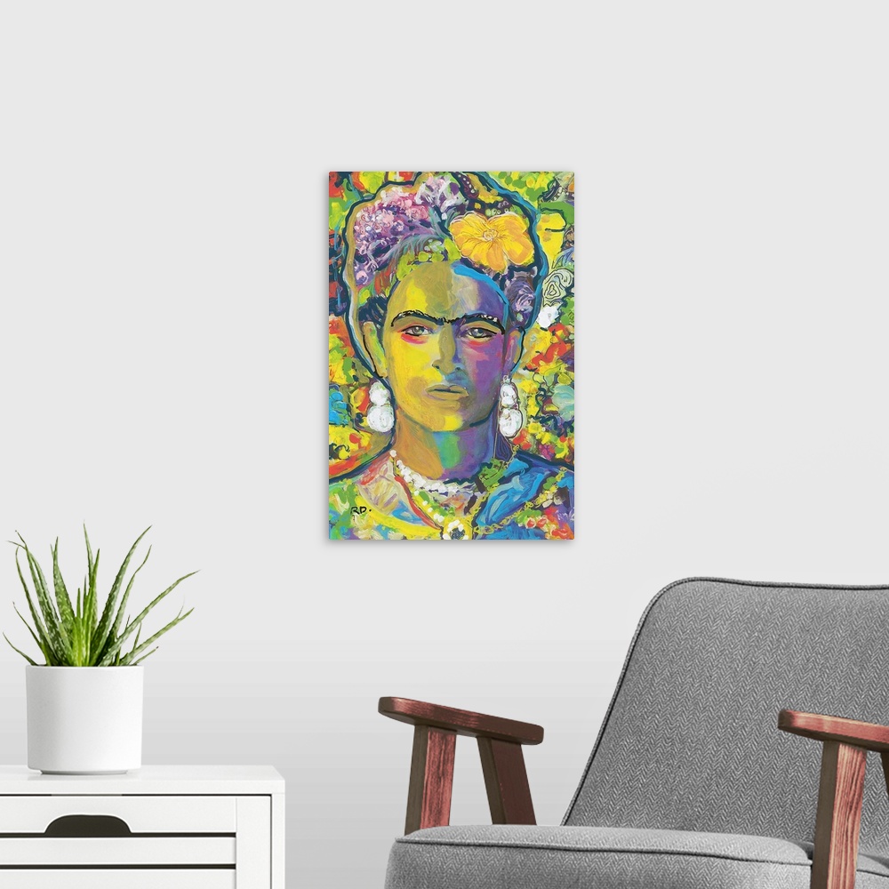 A modern room featuring Yellow Frida by RD Riccoboni, painted in gold and yellow tones with red blue green purple and orange