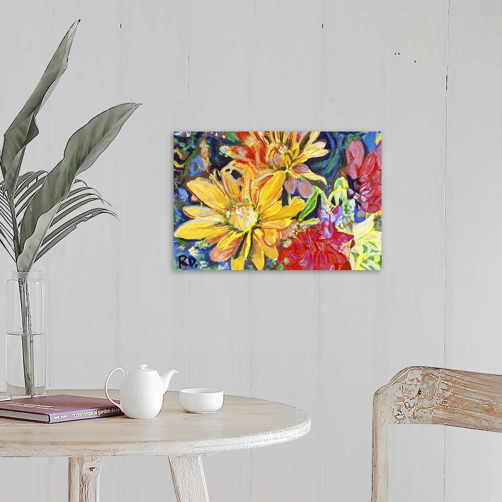A farmhouse room featuring Yellow Red and Orange Happiness Floral Bouquet by RD Riccoboni. Botanical painting inspired by my...