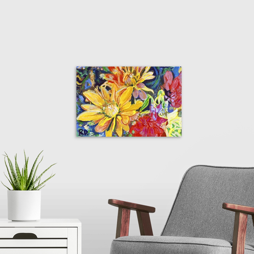 A modern room featuring Yellow Red and Orange Happiness Floral Bouquet by RD Riccoboni. Botanical painting inspired by my...