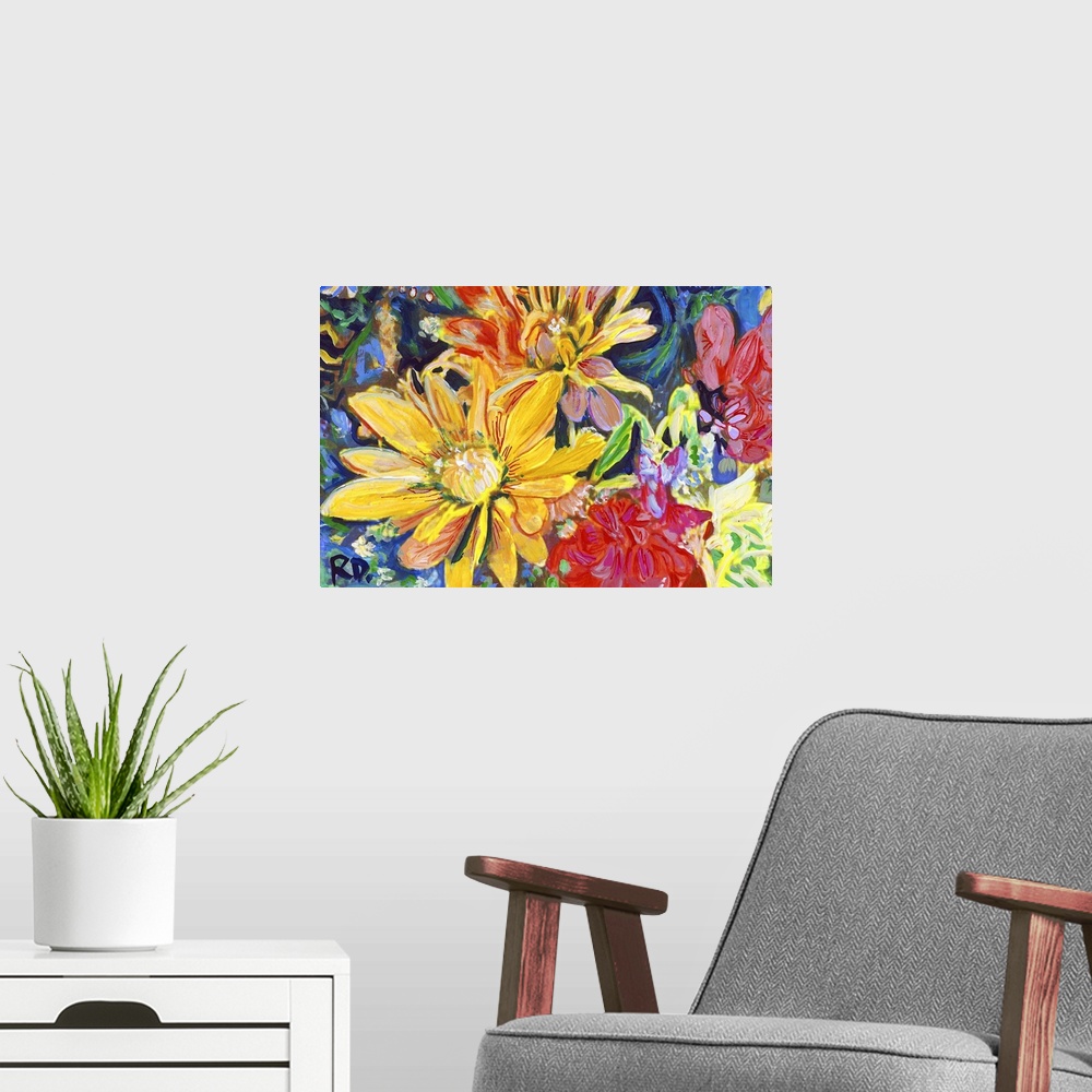 A modern room featuring Yellow Red and Orange Happiness Floral Bouquet by RD Riccoboni. Botanical painting inspired by my...