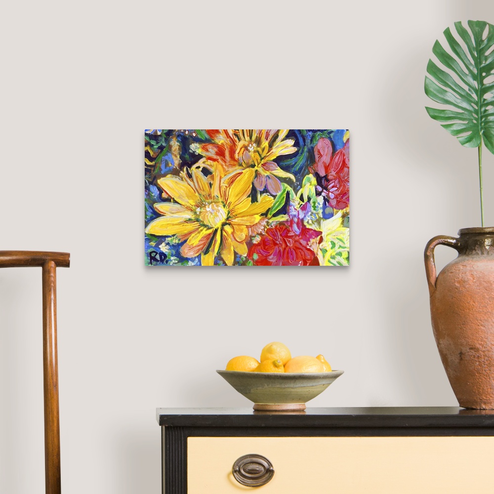 A traditional room featuring Yellow Red and Orange Happiness Floral Bouquet by RD Riccoboni. Botanical painting inspired by my...