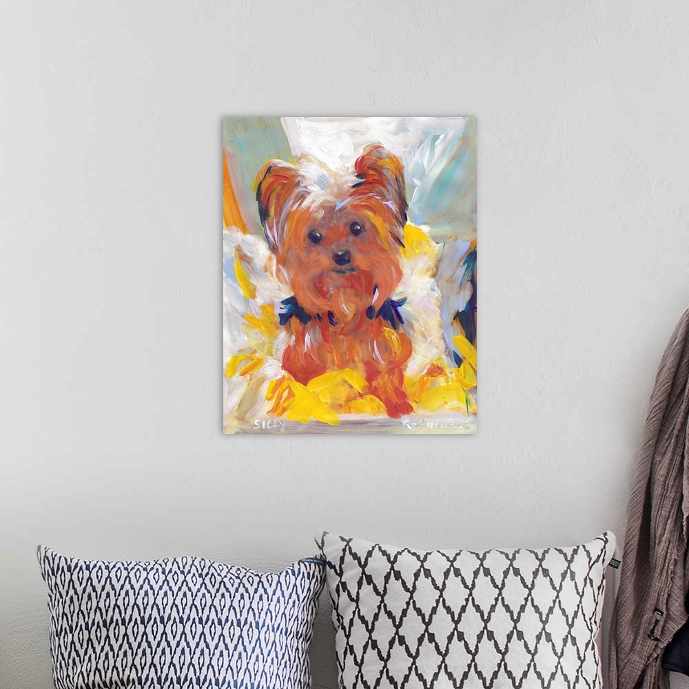 A bohemian room featuring Silly by RD Riccoboni, yorkie dog