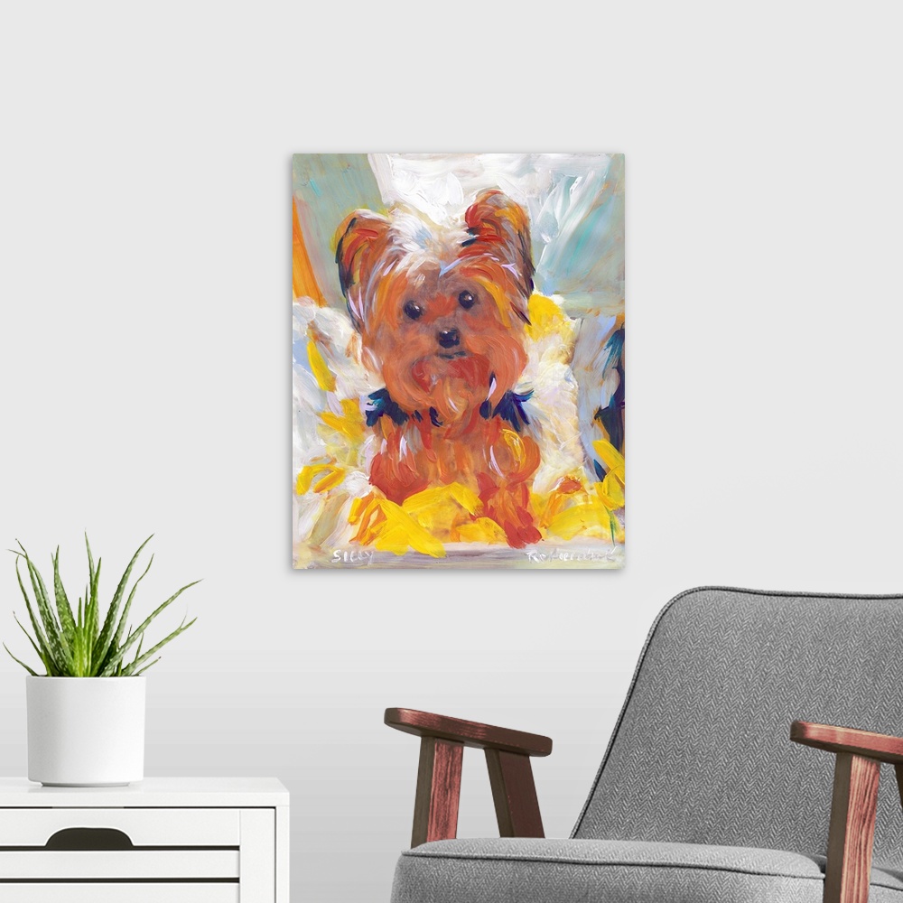 A modern room featuring Silly by RD Riccoboni, yorkie dog