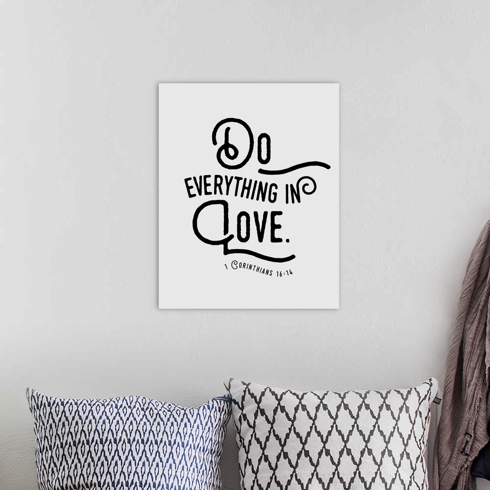 A bohemian room featuring Handlettered Bible verse reading Be on your guard; stand firm in faith; be courageous; be strong;...
