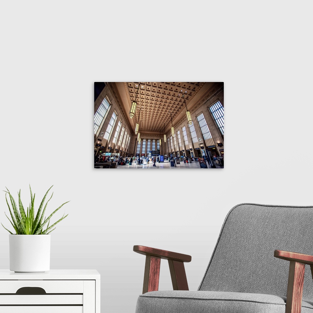 A modern room featuring Photo of 30th Street Train Station's interior grand ceiling in Philadelphia, Pennsylvania.