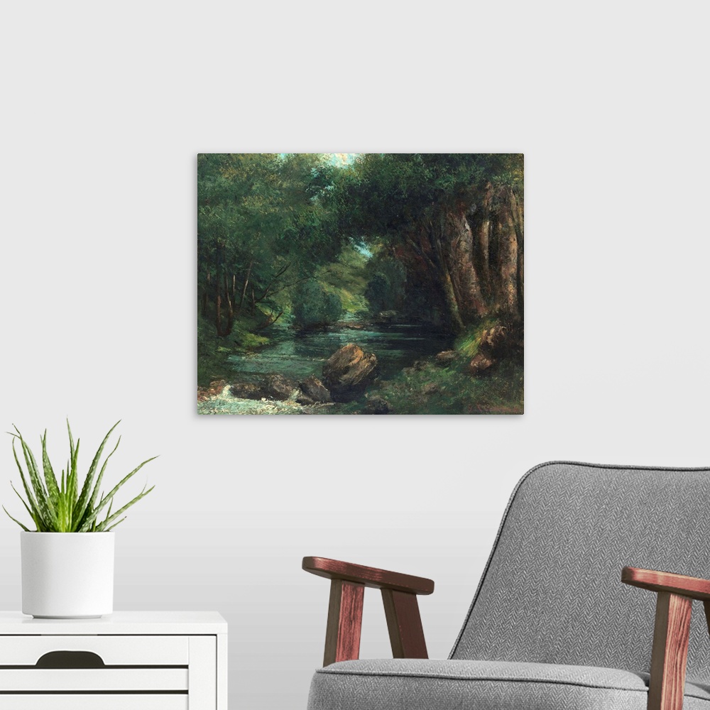 A modern room featuring This landscape is similar to a painting dated 1868,?Roe Deer at a Stream?(Kimbell Art Museum, For...