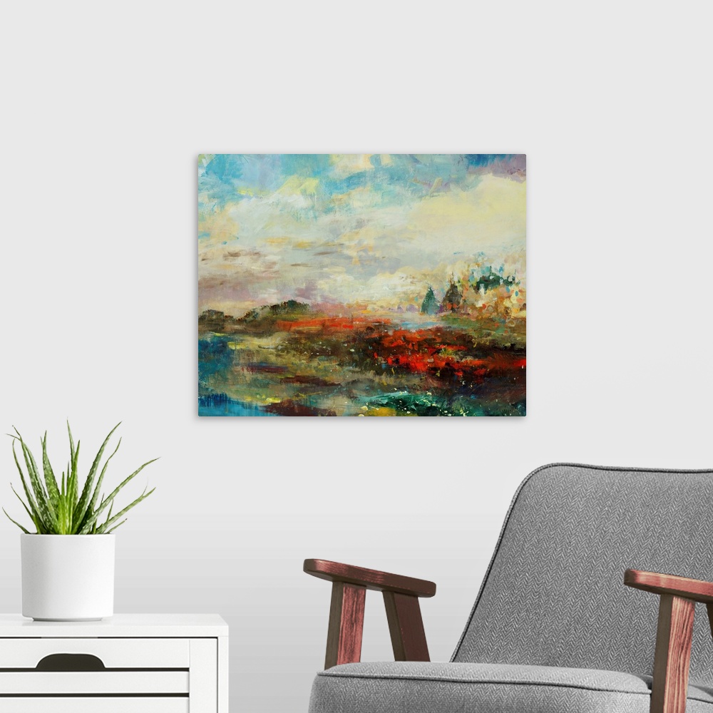 A modern room featuring Abstracted landscape painting with a cityscape on the horizon.
