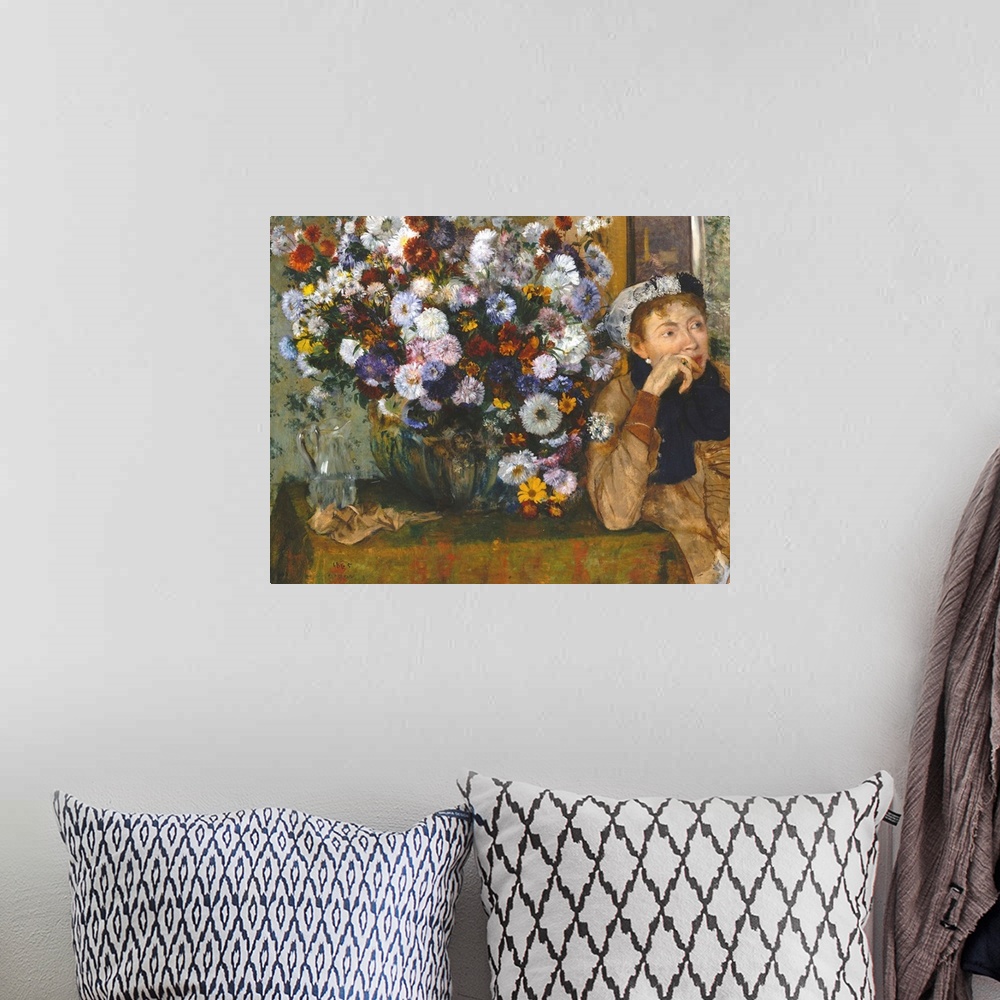 A bohemian room featuring The juxtaposition of the prominent bouquet and the off-center figure, gazing distractedly to the ...