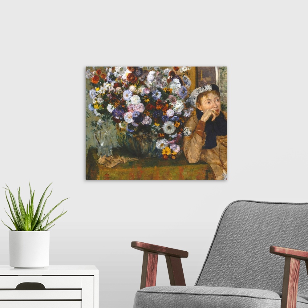 A modern room featuring The juxtaposition of the prominent bouquet and the off-center figure, gazing distractedly to the ...