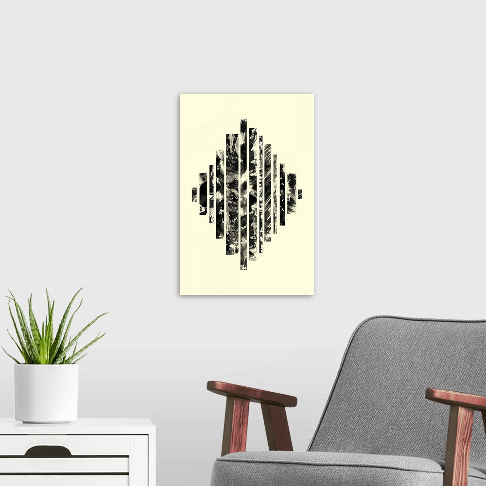 A modern room featuring Bold vertical lines of black and white graphics set into a geometric diamond shape on a pale yell...