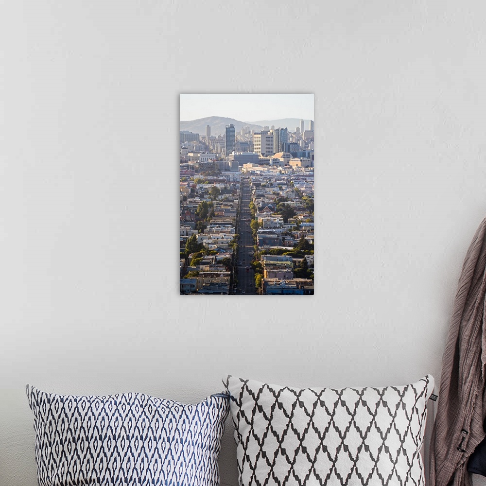 A bohemian room featuring Aerial photograph of a street in downtown San Francisco leading straight into the tall buildings.