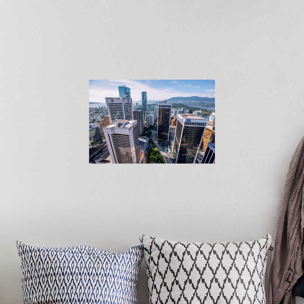 A bohemian room featuring Aerial view of downtown Vancouver in British Columbia, Canada.