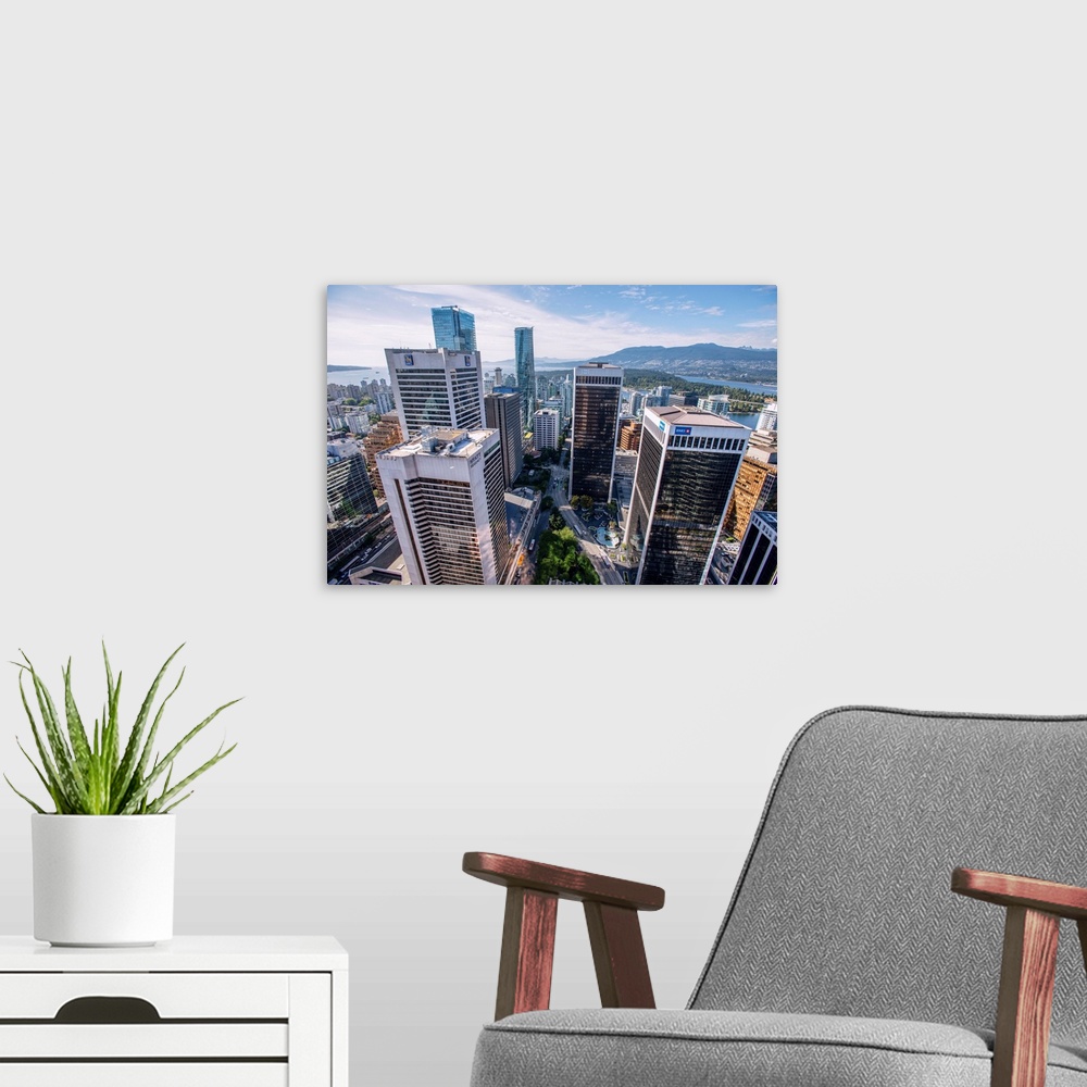 A modern room featuring Aerial view of downtown Vancouver in British Columbia, Canada.