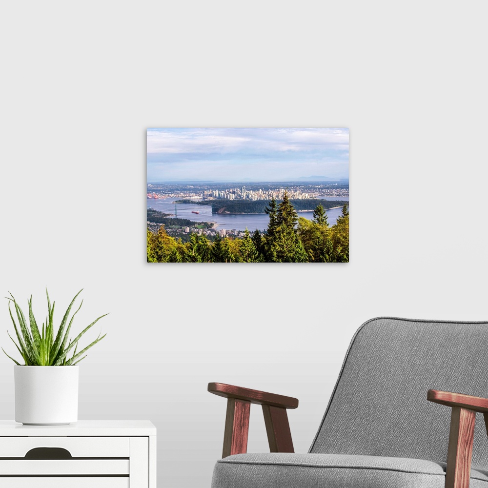 A modern room featuring Aerial view of Vancouver in British Columbia, Canada.