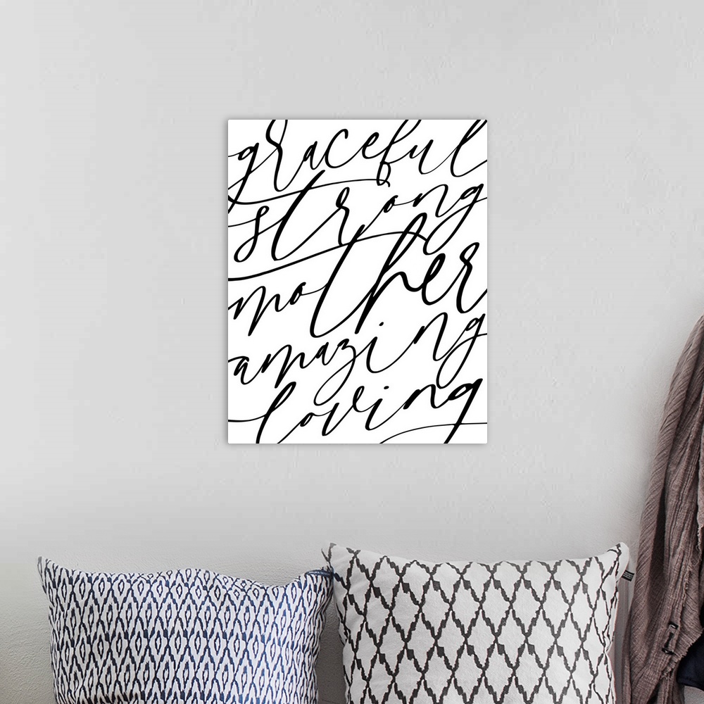A bohemian room featuring Typography artwork of positive affirmations for mothers.