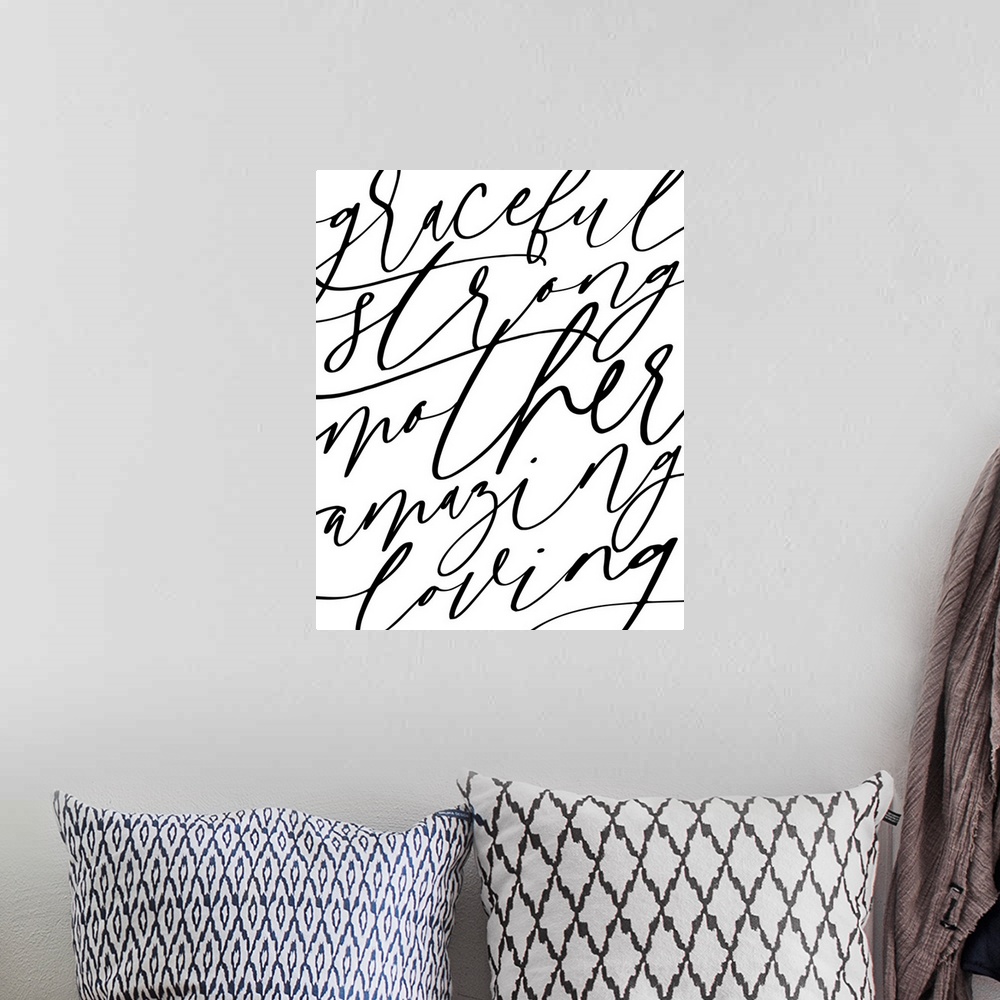 A bohemian room featuring Typography artwork of positive affirmations for mothers.