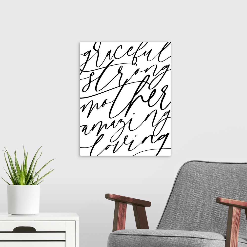 A modern room featuring Typography artwork of positive affirmations for mothers.
