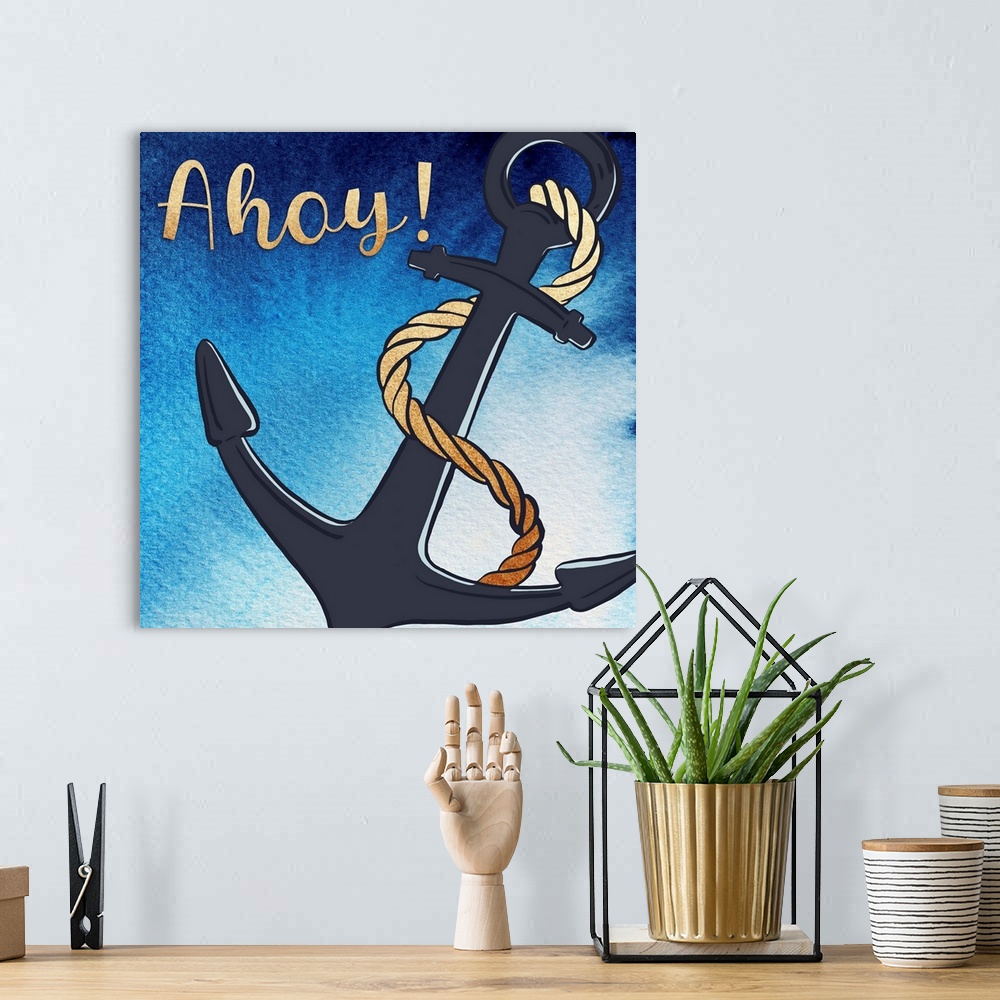 A bohemian room featuring Illustration of an anchor and rope with a watercolor texture background and gold text.