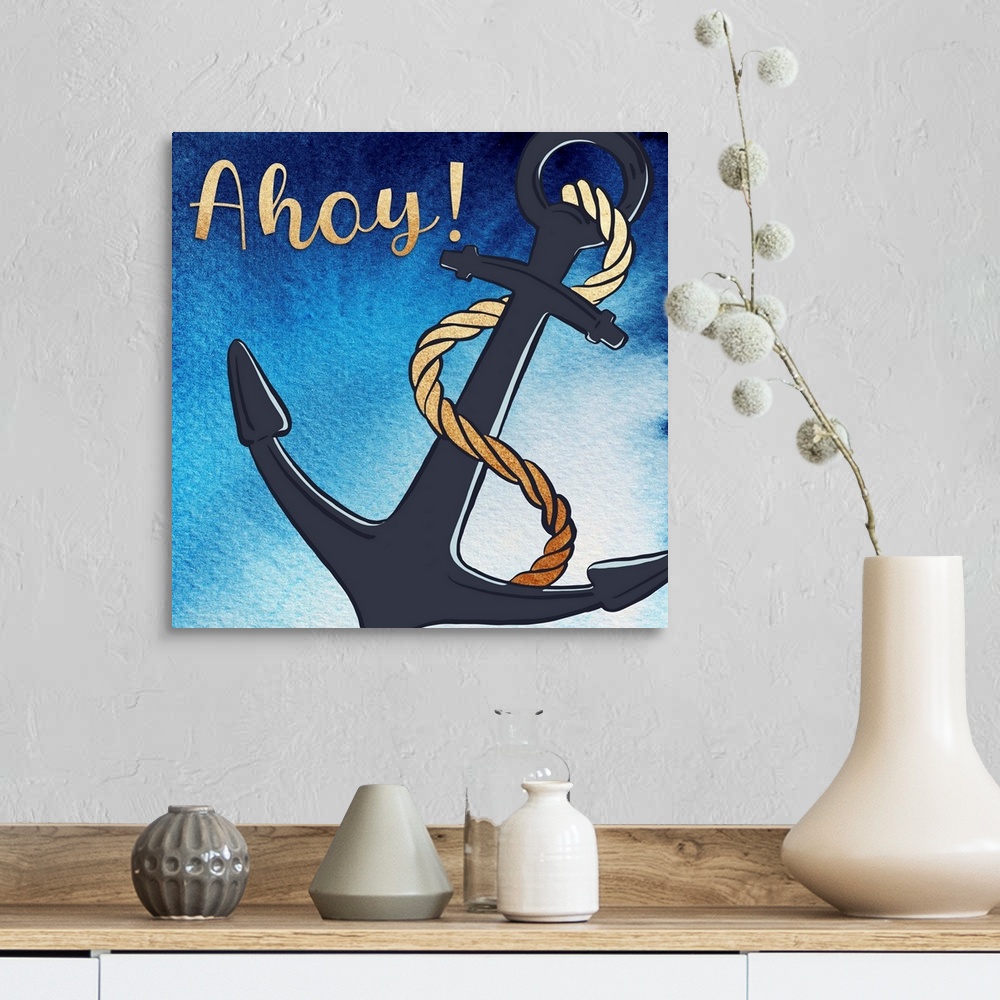 A farmhouse room featuring Illustration of an anchor and rope with a watercolor texture background and gold text.