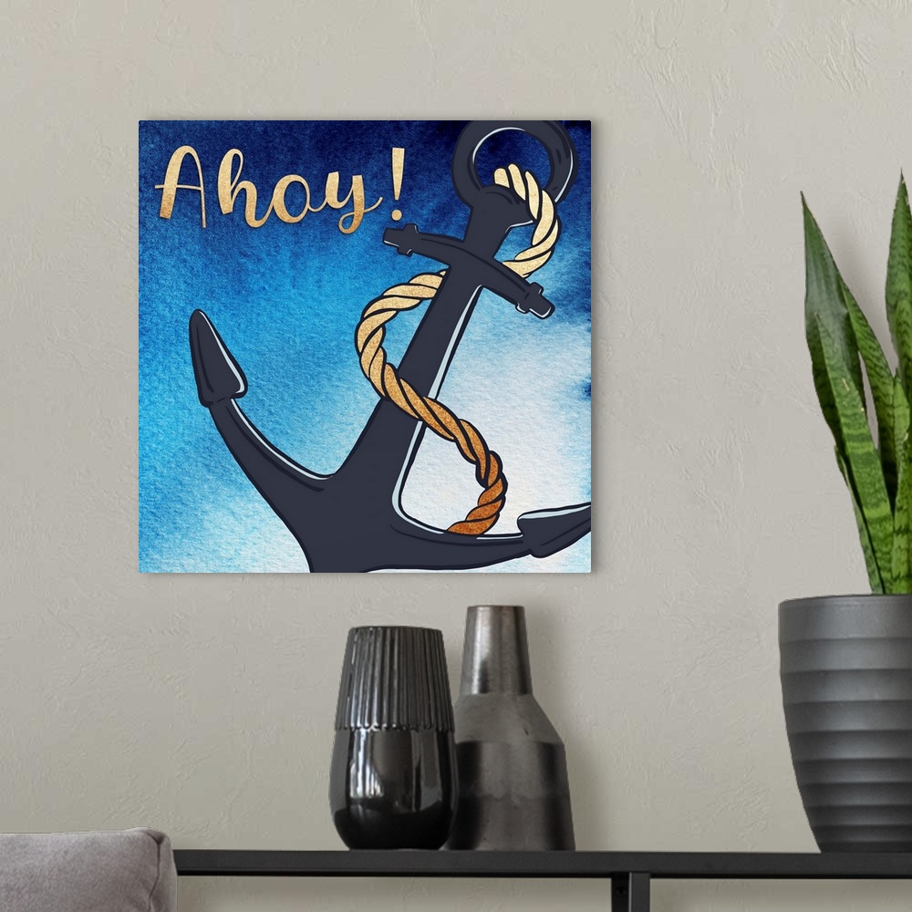 A modern room featuring Illustration of an anchor and rope with a watercolor texture background and gold text.