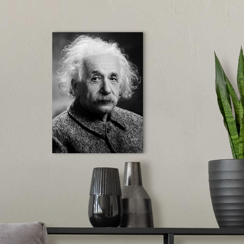 A modern room featuring Cropped photograph of Albert Einstein. Originally taken by Orren Jack Turner, Princeton, N.J. 1947.