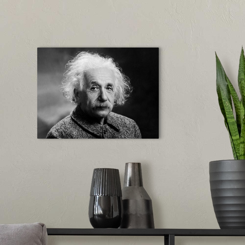 A modern room featuring Cropped photograph of Albert Einstein. Originally taken by Orren Jack Turner, Princeton, N.J. 1947.