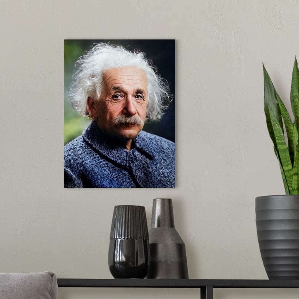 A modern room featuring Cropped photograph of Albert Einstein. Originally taken by Orren Jack Turner, Princeton, N.J. 194...