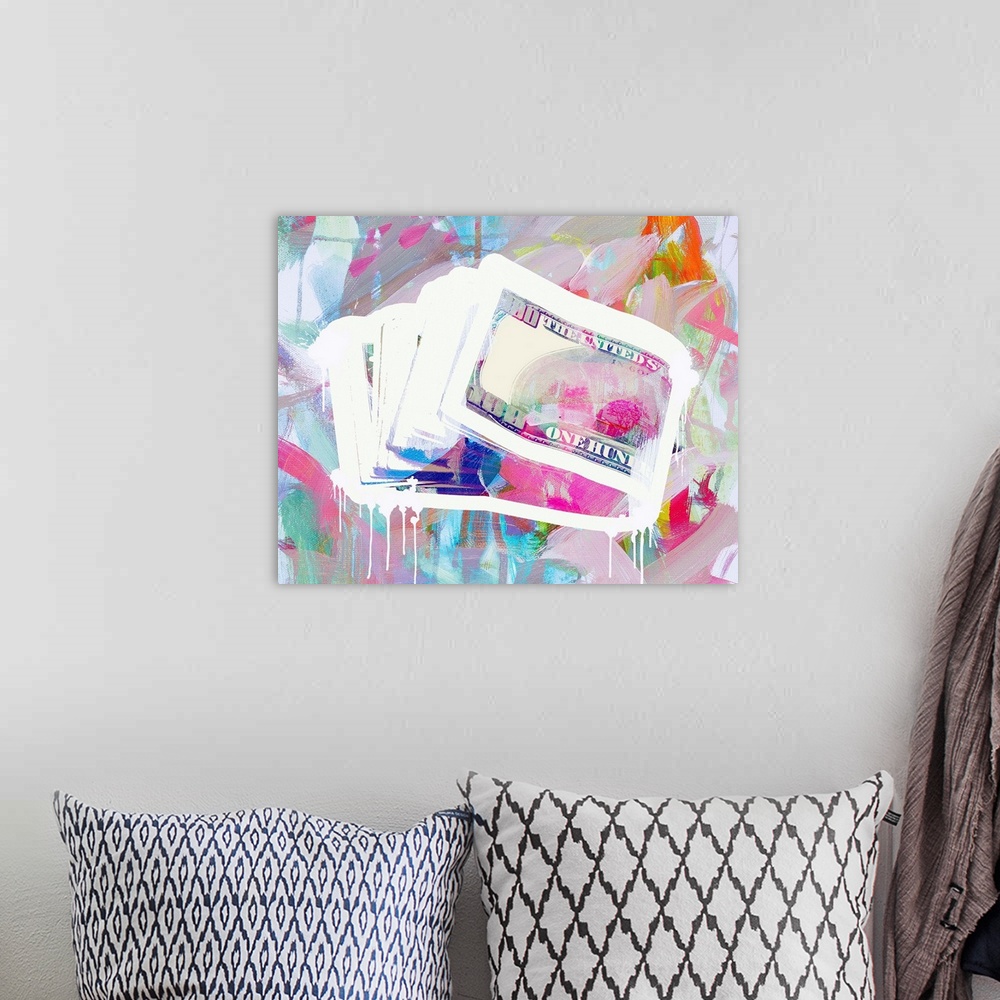 A bohemian room featuring Graffiti art with a stack of one hundred dollar bills on a colorful abstract background created w...