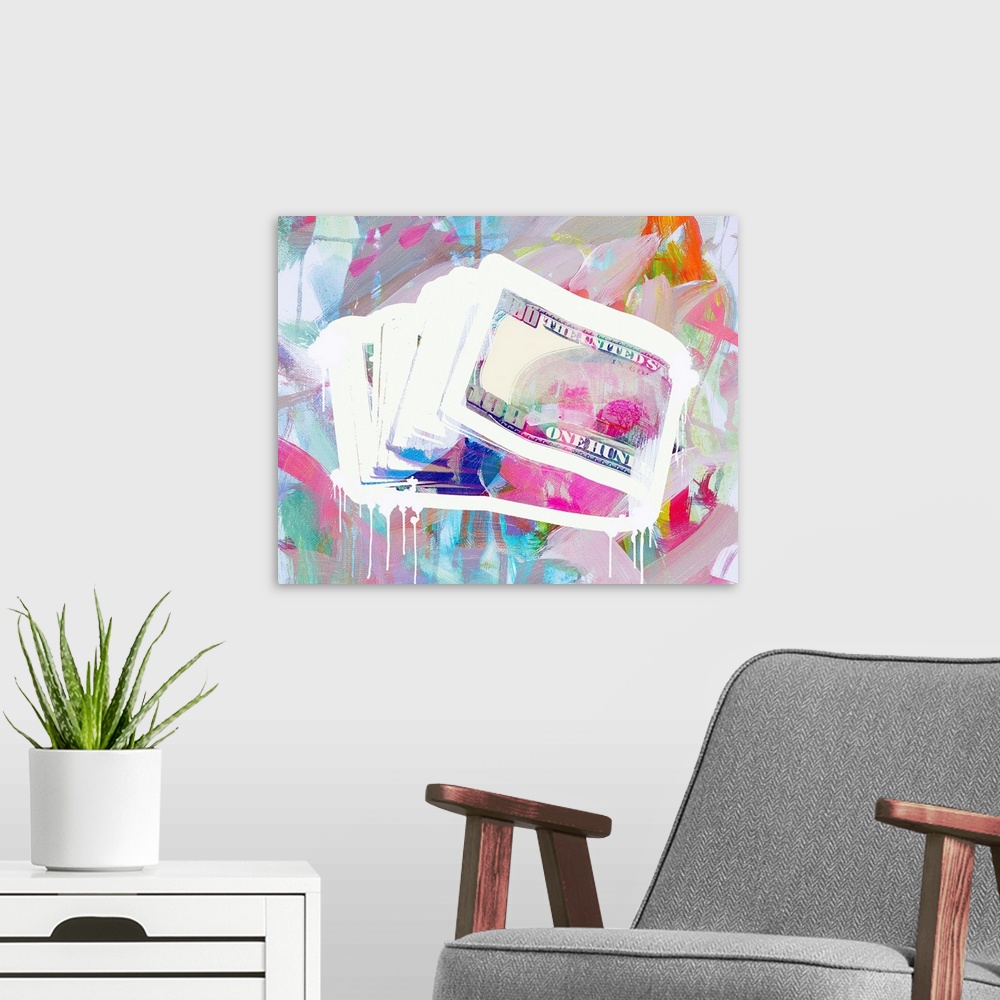 A modern room featuring Graffiti art with a stack of one hundred dollar bills on a colorful abstract background created w...