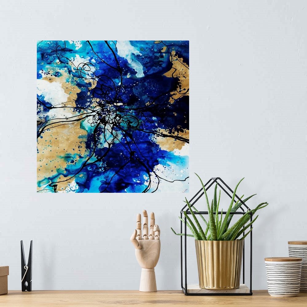 A bohemian room featuring Outline of flower over a watercolor background painting in various shades of blue.