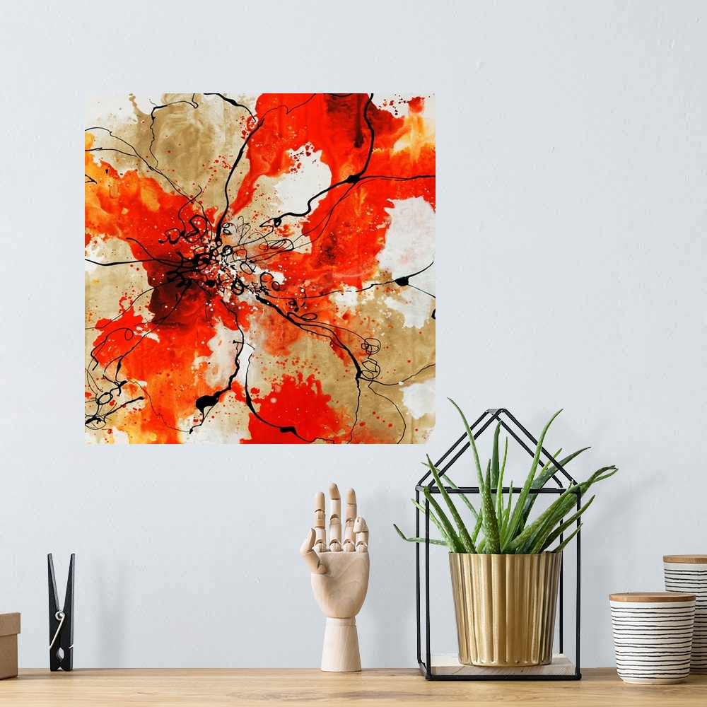 A bohemian room featuring Outline of flower over a watercolor background painting in various shades of red and orange.