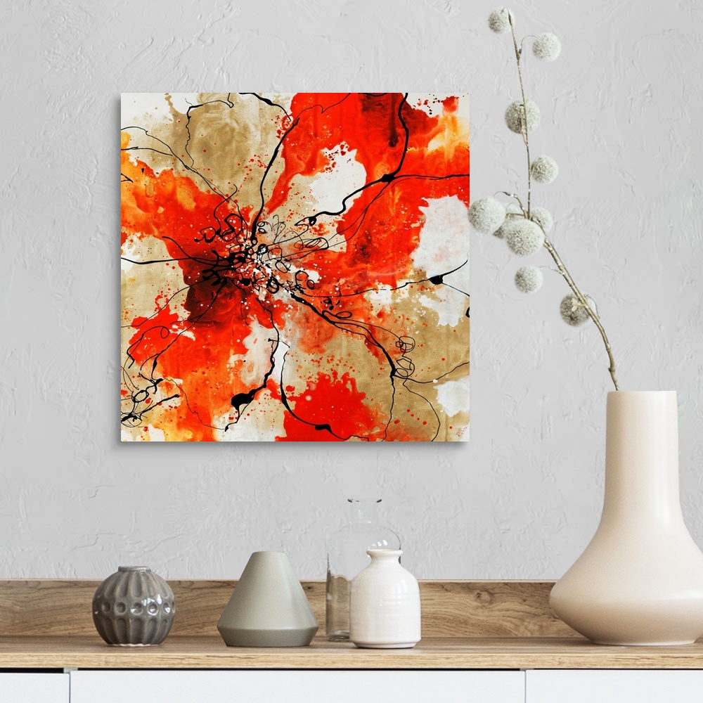 A farmhouse room featuring Outline of flower over a watercolor background painting in various shades of red and orange.