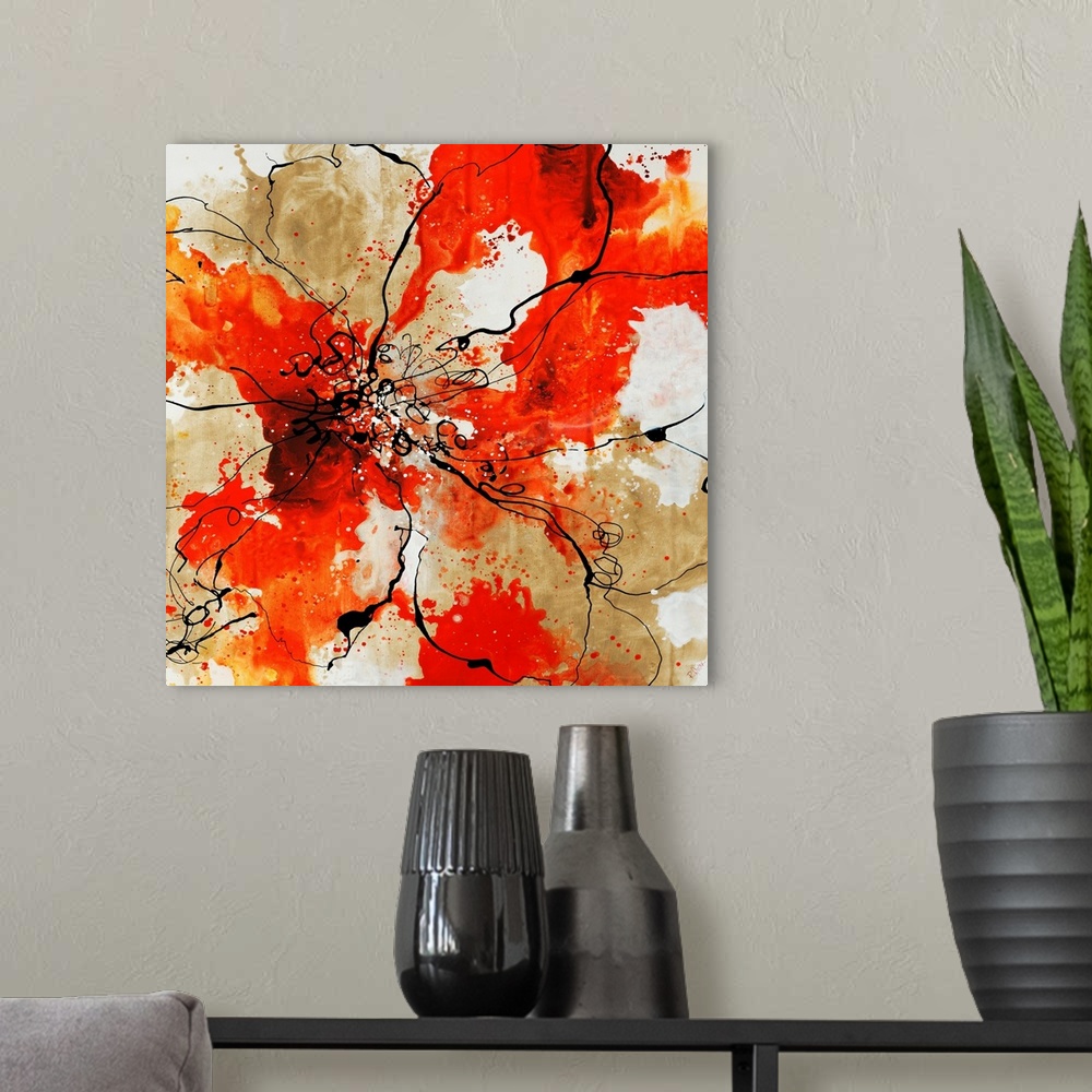 A modern room featuring Outline of flower over a watercolor background painting in various shades of red and orange.
