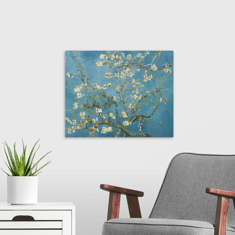 A modern room featuring Vincent van Gogh's Almond blossom (1890) famous painting.