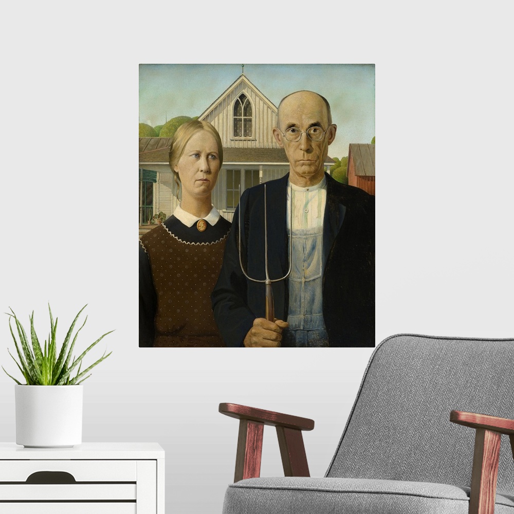 A modern room featuring American Gothic, 1930 (originally oil on beaver board) by Wood, Grant (1891-1942).