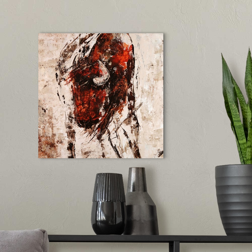 A modern room featuring Energetic interpretation of a bull painted in shades of reddish brown over a neutral background.