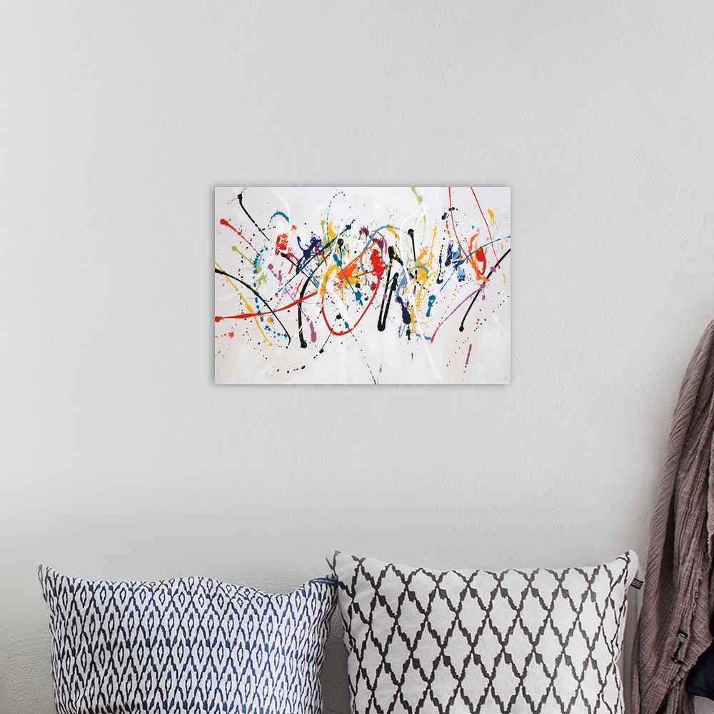 A bohemian room featuring Fun, contemporary painting of multi-colored paint splatters.