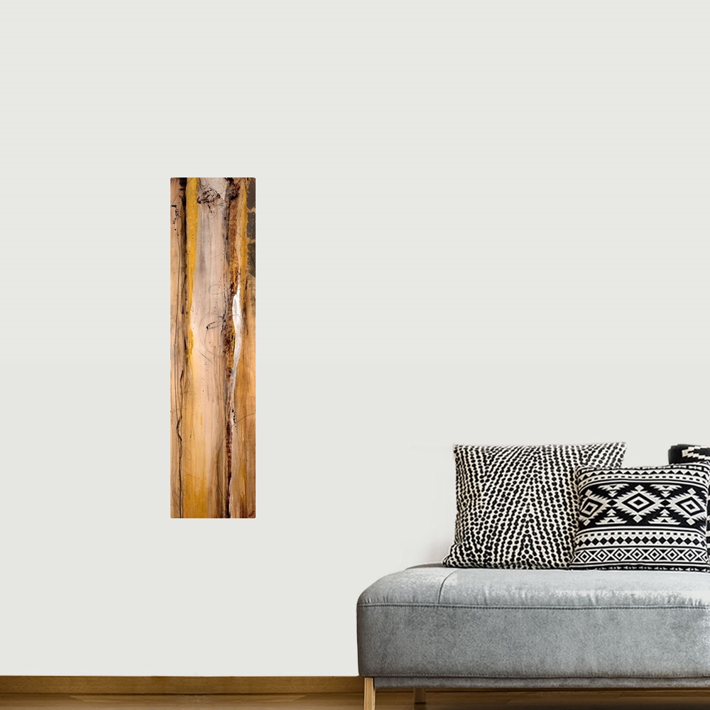 A bohemian room featuring Vertical long canvas painting with abstract lines and wood grain texture.