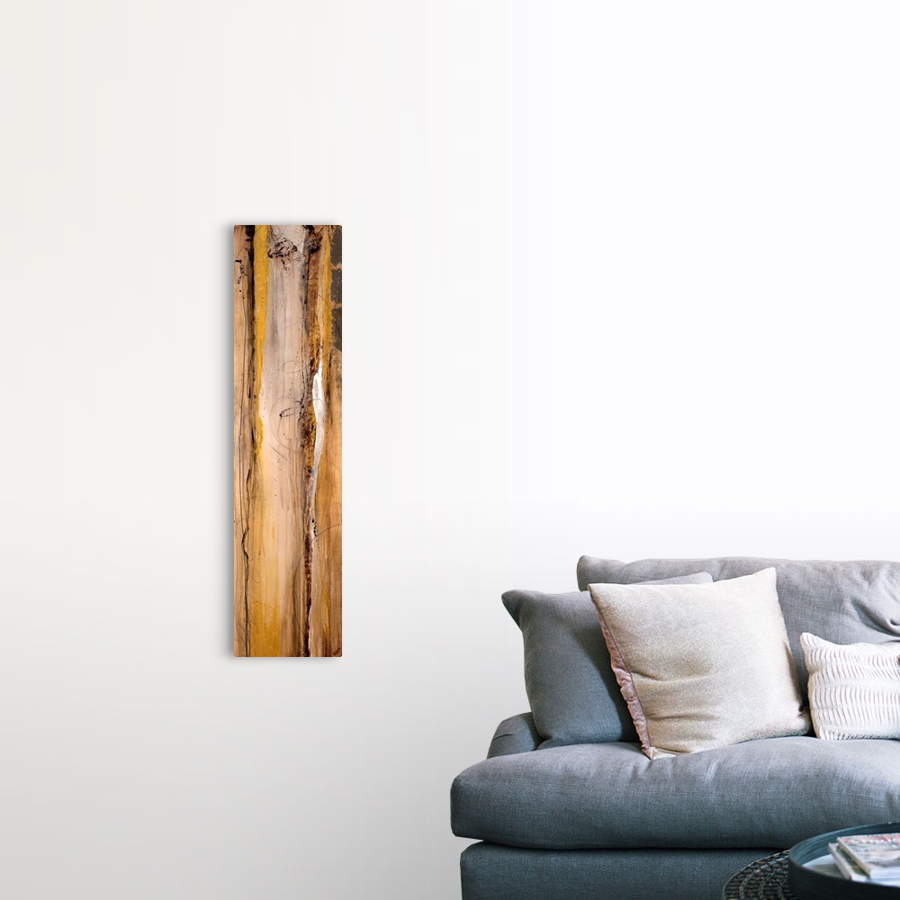 A farmhouse room featuring Vertical long canvas painting with abstract lines and wood grain texture.