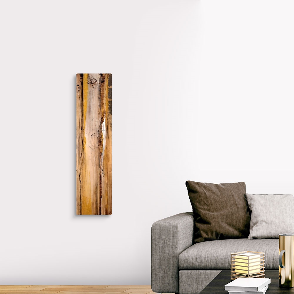 A traditional room featuring Vertical long canvas painting with abstract lines and wood grain texture.