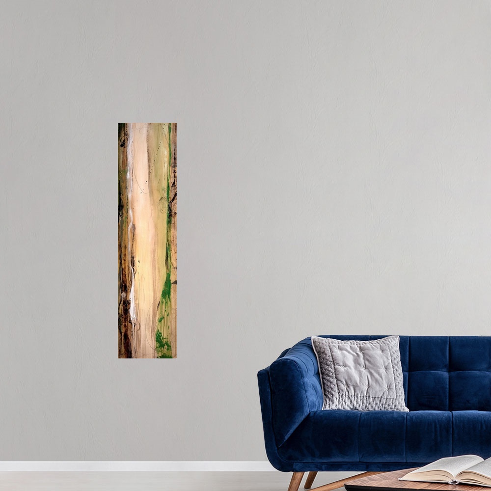 A modern room featuring Panoramic abstract art incorporates the use of earth tones and lots of vertical lines that illici...