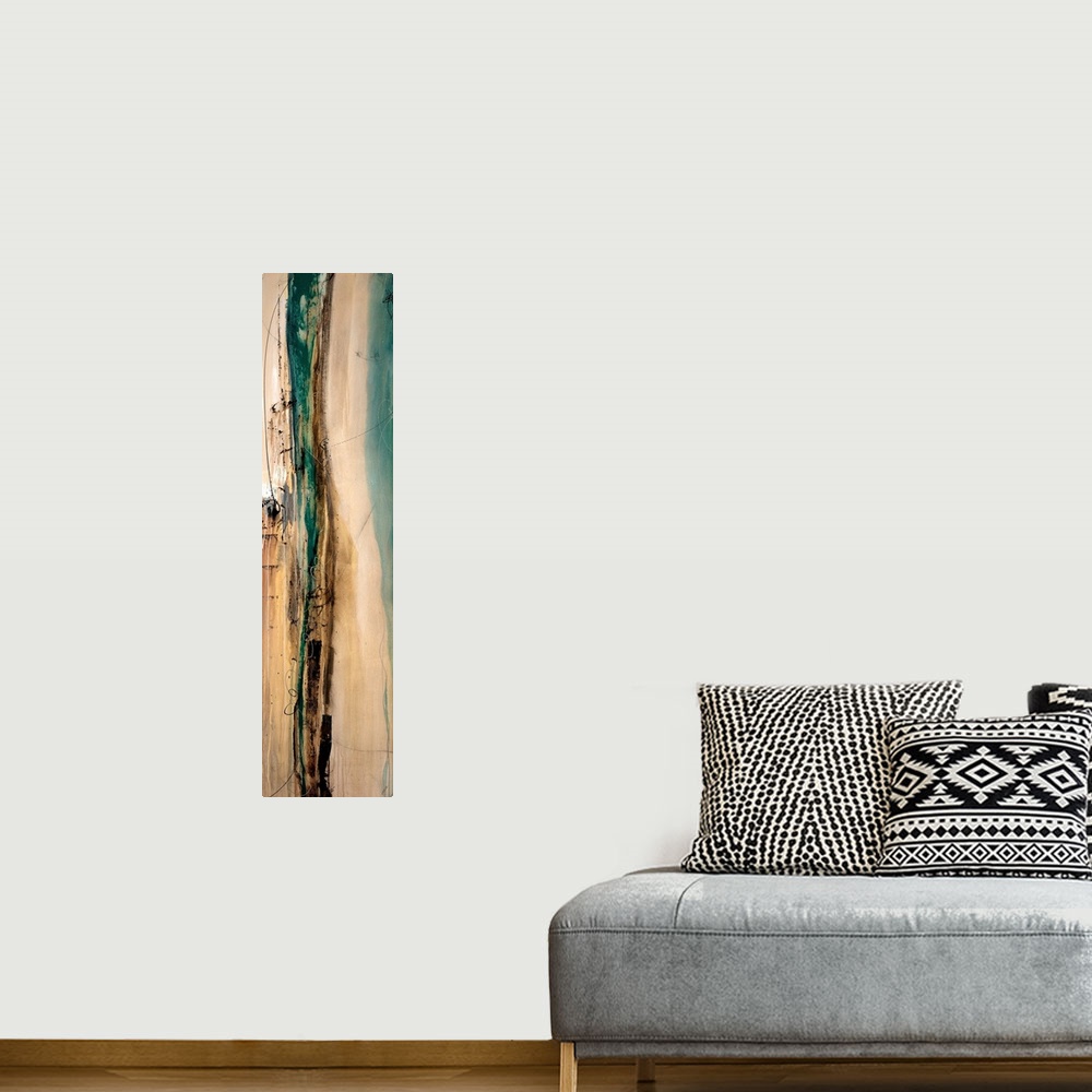 A bohemian room featuring Panoramic abstract art incorporates sets of vertical rectangles and lines to illicit movement in ...