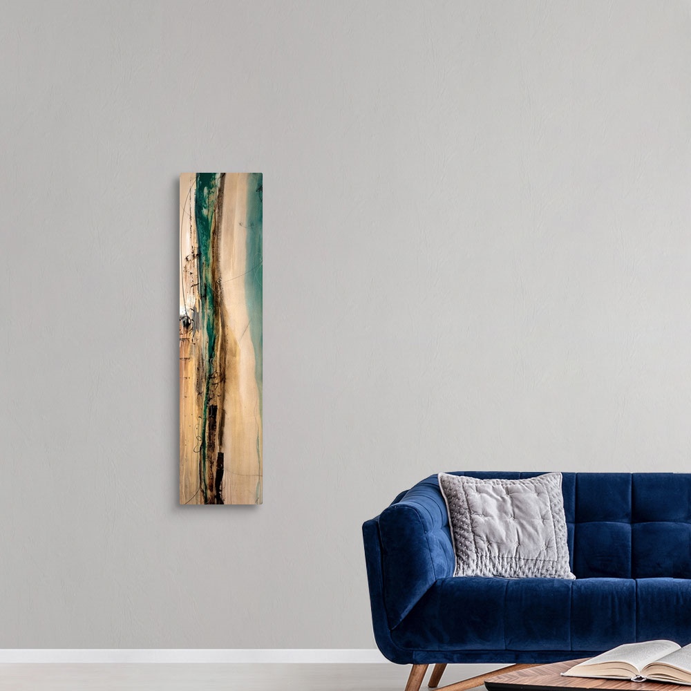 A modern room featuring Panoramic abstract art incorporates sets of vertical rectangles and lines to illicit movement in ...